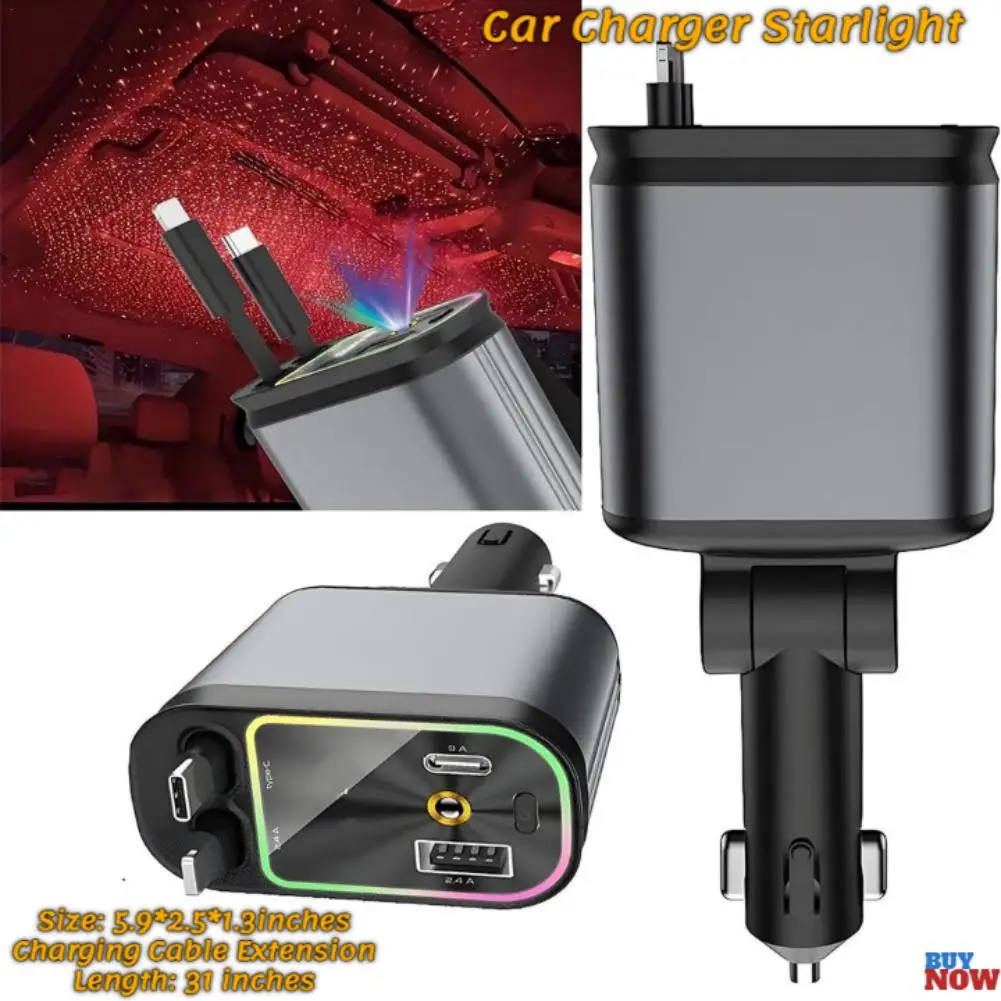 4 In 1 Retractable Car Charger Starlight In Car Roof 100w Star Night Light Double Type C Fast Charging Car Adapter For Iphone