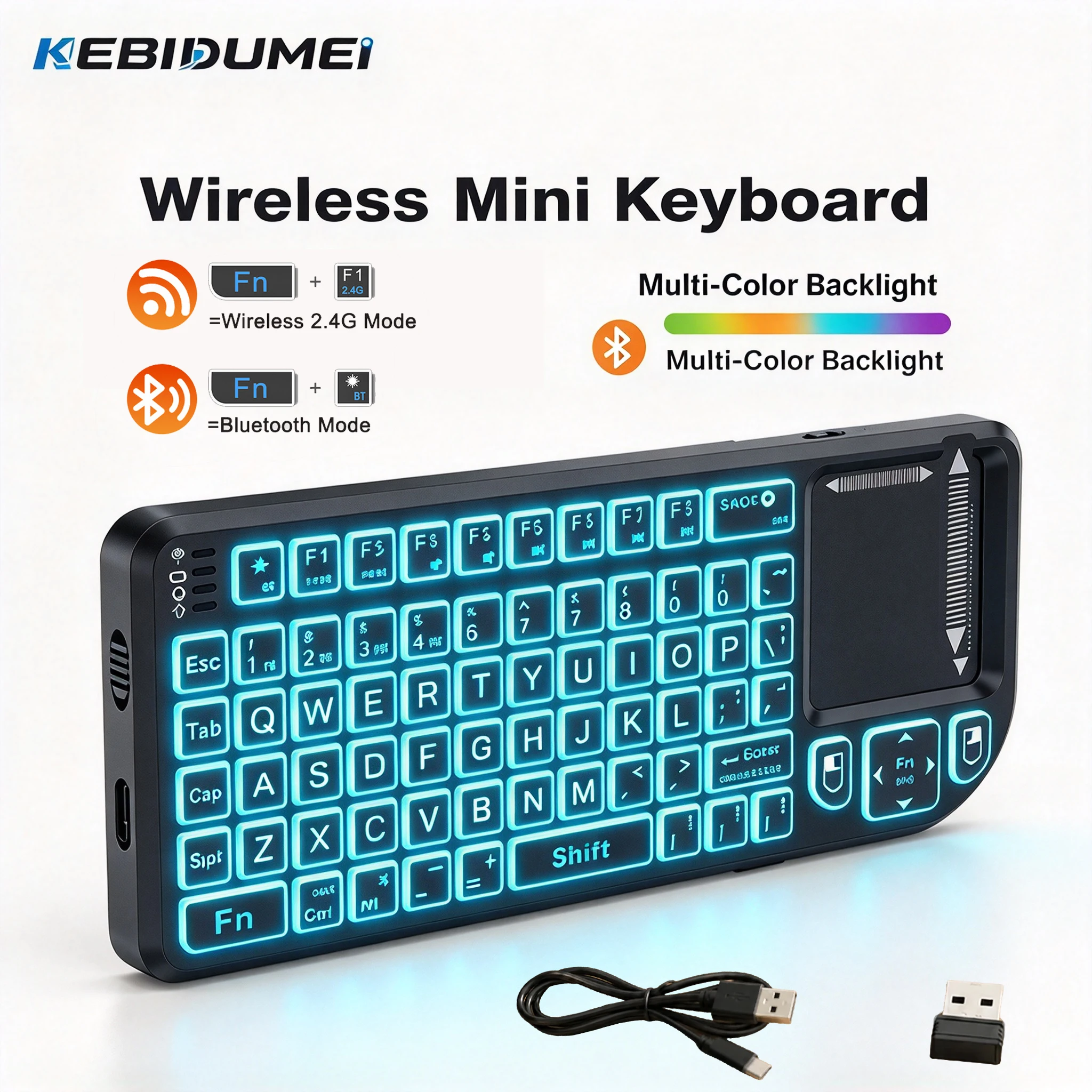 KEBIDUMEI Wireless Mini Keyboard Air Touchpad Mouse Dual Mode Bluetooth 2.4G Backlit 7 Color for Android TV Box PC Projector Pad
