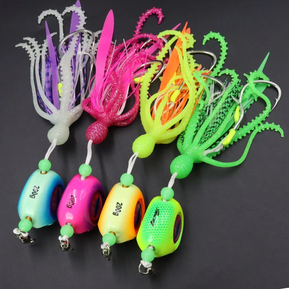 ZYZHE 1 Stück Meeresfischerei-Köder 120/150/200G Leuchtender JIG mit Weichem Oktopus-Köder Bootsfischen Schnurhaken Tiefsee-Angelköder – Detail 15