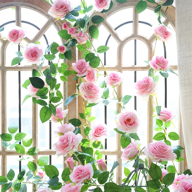 1.9m Artificial Roses Silk Fake Flowers Vines Home Air Conditioning Pipe Decoration Simulation Flower Wall Mounted Rose Vine