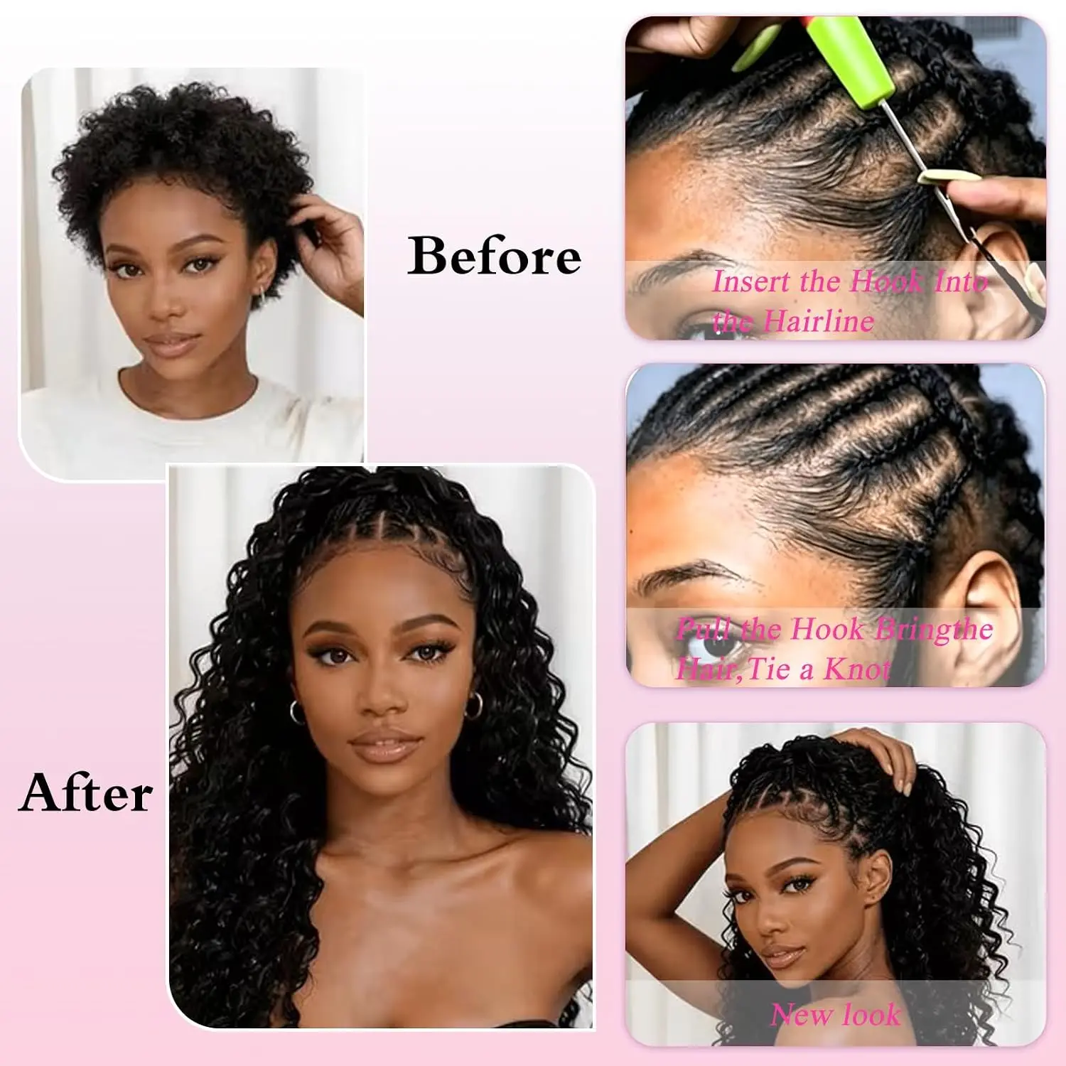 Natural Black Deep Wave Feather Crochet Human Hair Bundles 100% Human Hair Pre-Separated Knotless Feather Extension Invisible Boho Braid Hair Deep Curly Braiding Extensions Soft Real Human Hair Bulk for Women Ladies Various Fashion Braided Hairstyles - view 4