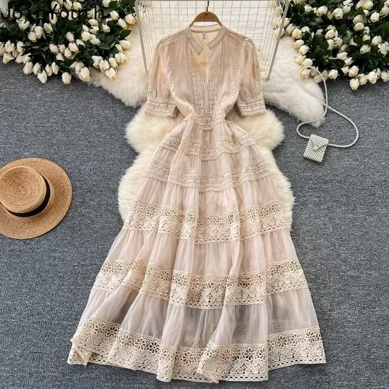 Summer Dresses for Women Slim Waist Short Sleeve Vintage Robe Femme Patchwork Lace Hollow Out Maxi Dress 2024 Vestidos De Mujer