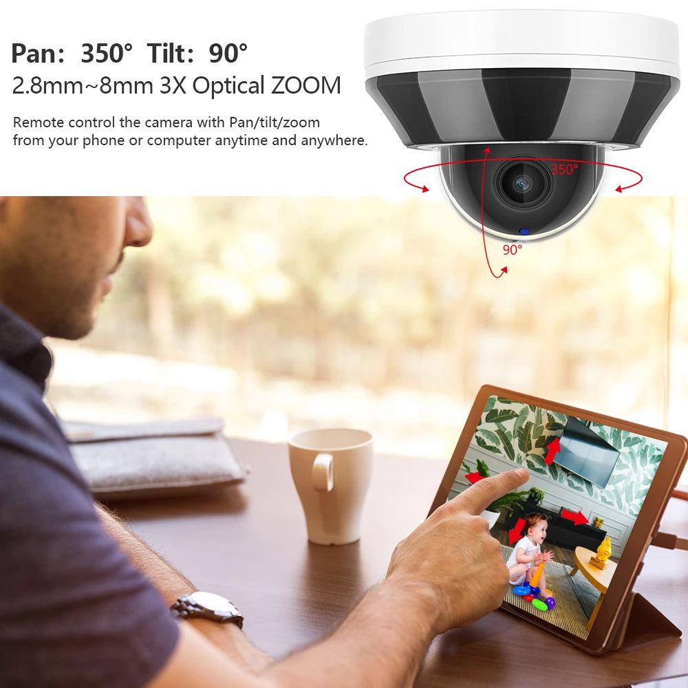 6MP POE PTZ Security Camera Dome 3X Optical Zoom 2.8-8MM Human & Vehicle Detection Built-in Mic Video Surveillance Cameras IP66