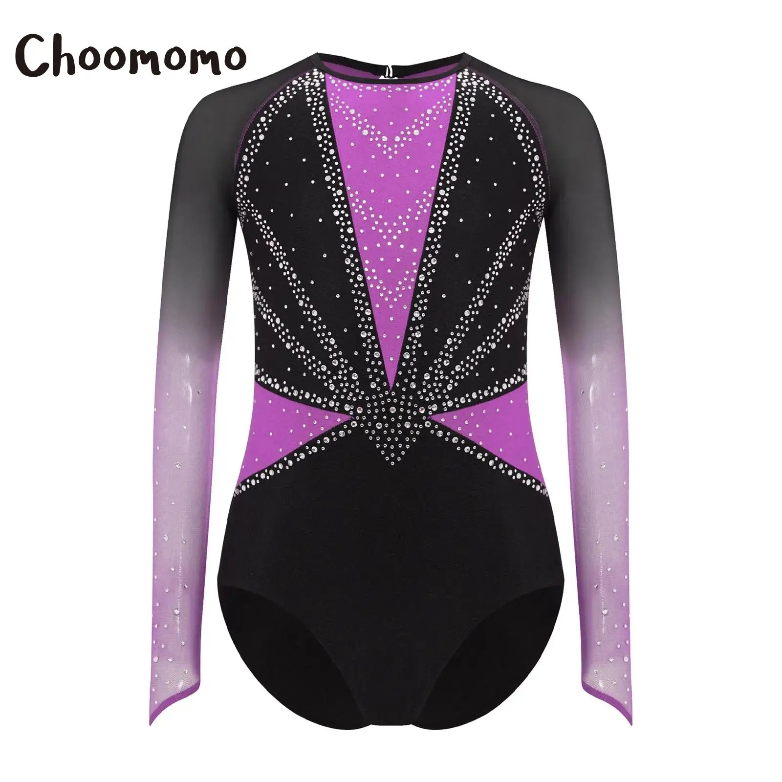 

Teen Girls Skating Jumpsuit Long Sleeves Gymnastics Ballet Dance Leotard Sheer Mesh Rhinestones Ballet Jersey Unitards Bodysuit