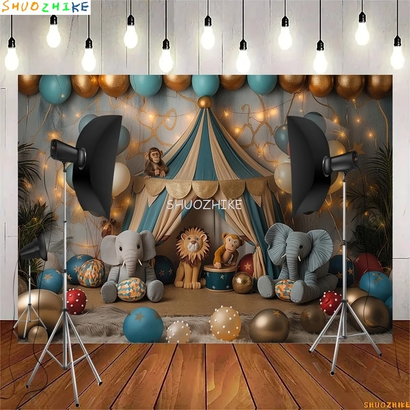 Tenda da circo con baldacchino a strisce Popcorn Fondali fotografici Palloncini Decorazioni per feste di compleanno Sfondo per studio fotografico per animali SD-05