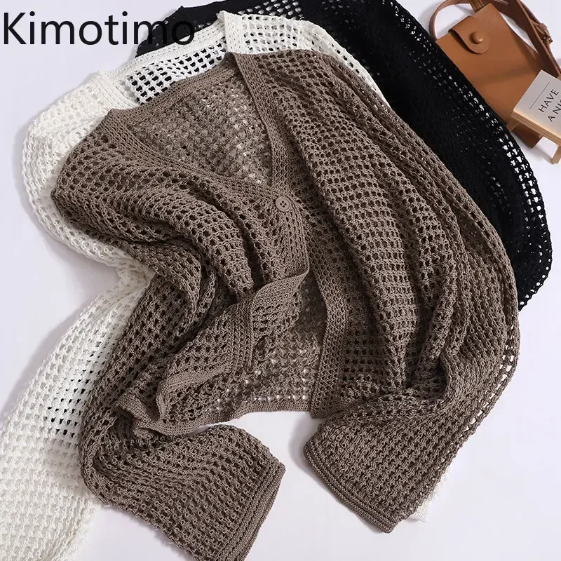 Kimotimo Hollow Out Sunscreen Cardigan Women New Long Sleeve One Button Thin Knit Tops Korean Solid Trend Outwear Sweater