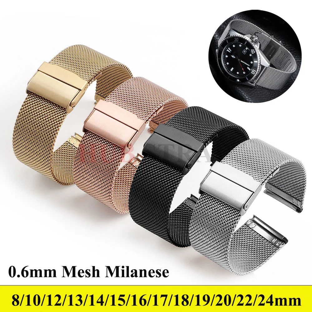 0,6 mm Mesh-Metall-Milanese-Armband 8/10/12/13/14/15/16/17/18/19/20/22/24 mm massives Edelstahl-Uhrenarmband Ersatzarmband