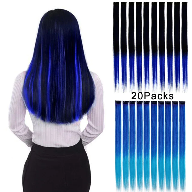 Synthetic Straight Color Hair Piece Hair Extensions Clip In Highlight Rainbow Hair Streak Pink Hair Strands on Clips