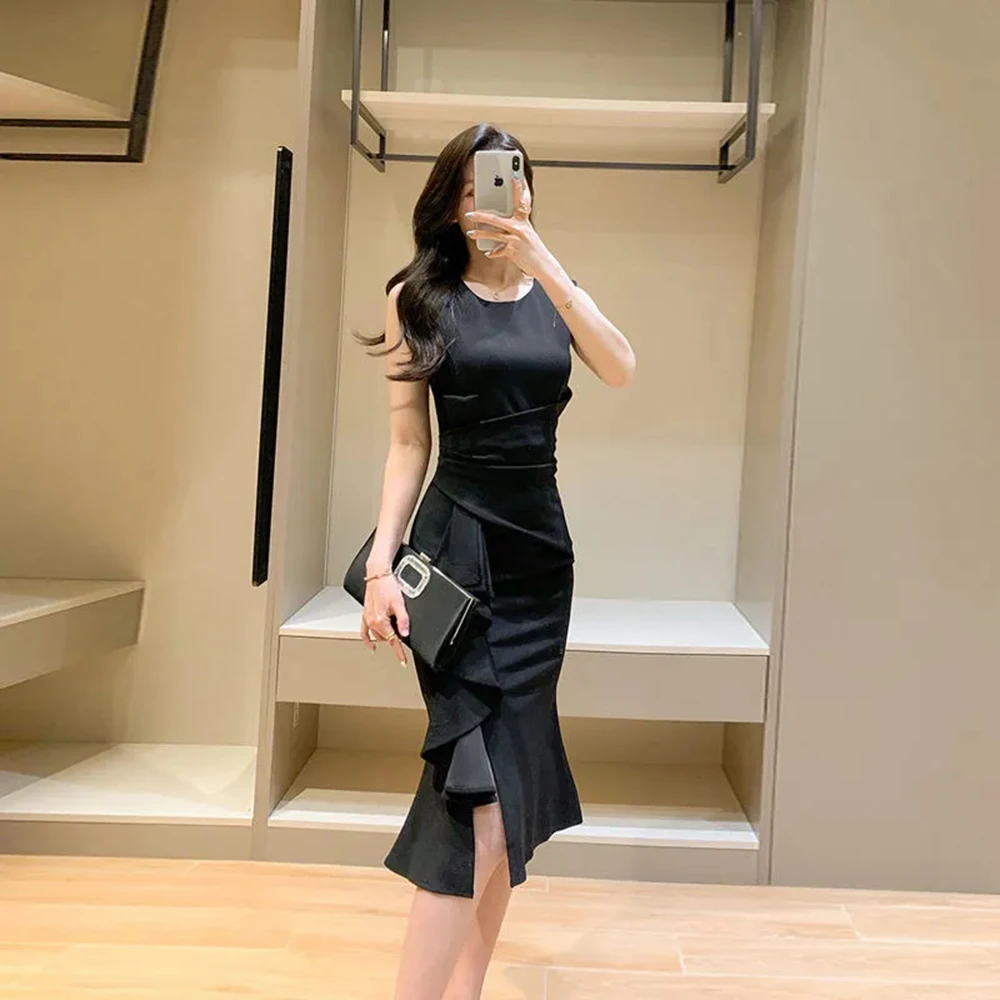Summer New Fashion Korean Style Sleeveless White Dress Women Elegant Office Ladies Ruffle Solid O-neck Slim Fish Tail Long Dress