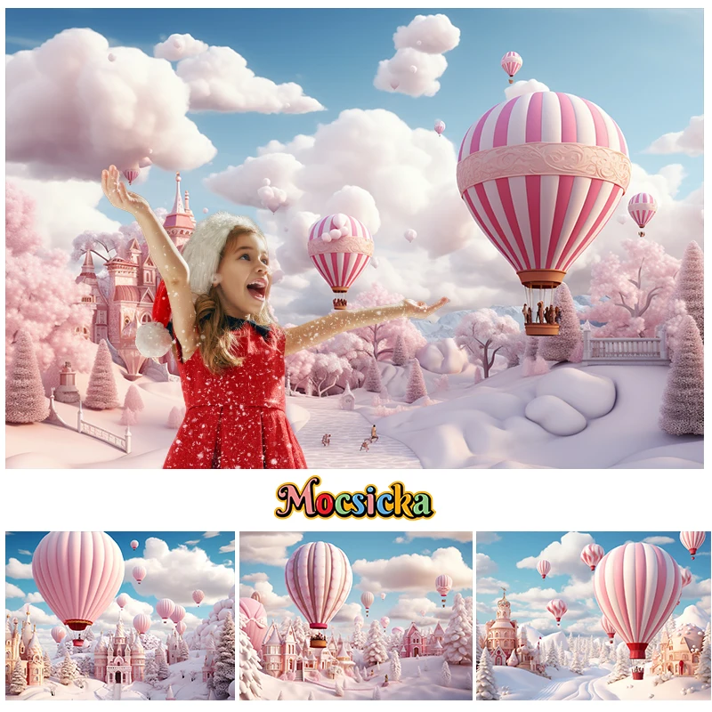 

Mocsicka Winter Pink Hot Air Balloon Castle Backdrop For Kids Portrait Cake Crush Background Christmas Snow Photography Props