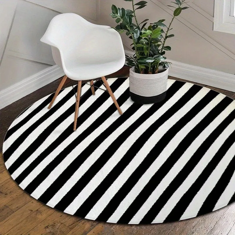 Black White Diagonal Stripe Round Area Rug Floor Mat Modern Geometric Striped Print Carpet for Living Room Bedroom Home Decor