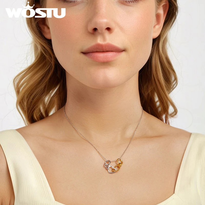 WOSTU 100% 925 Sterling Silver Two-tones Heart Charms Star Stopper Beads Fit for Women Original Bracelet Pendant DIY Jewelry