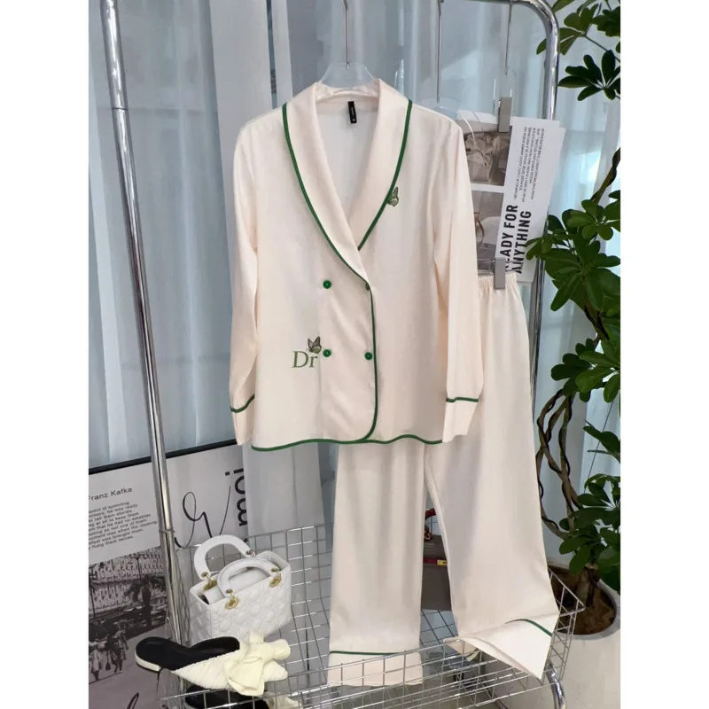 Pijama de seda de hielo de espiga de moda para mujer, letras pequeñas, patrón de mariposas, líneas simples, Material satinado, suave, conjuntos de