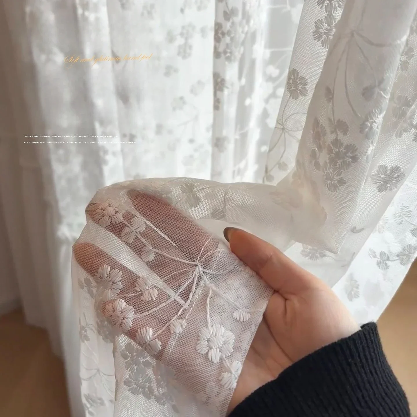 French Three-dimensional Embroidery Pear Flower Gauze Fashion Elegant Curtains for Living Room and Bedroom with Cream Wind