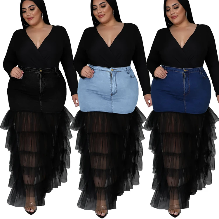 Denim Tulle Skirts Womens Summer Asymmetrical Mesh Patchwork Pocket Pleated Long Skirt Streetwear Jeans Black