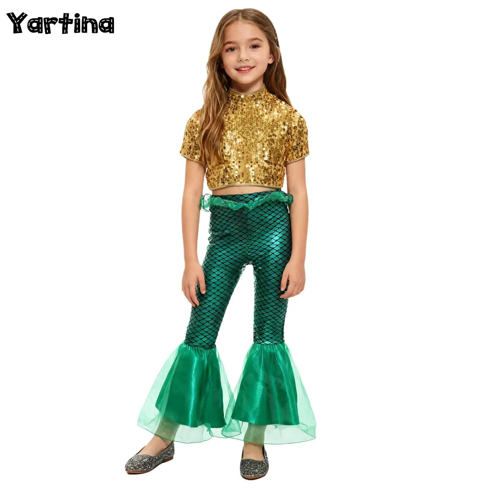 Trajes de Cosplay del rey de los mares de sirena para niñas, disfraz de fiesta temática, Top corto de lentejuelas brillantes con pantalones con volantes estampados de escamas de pescado