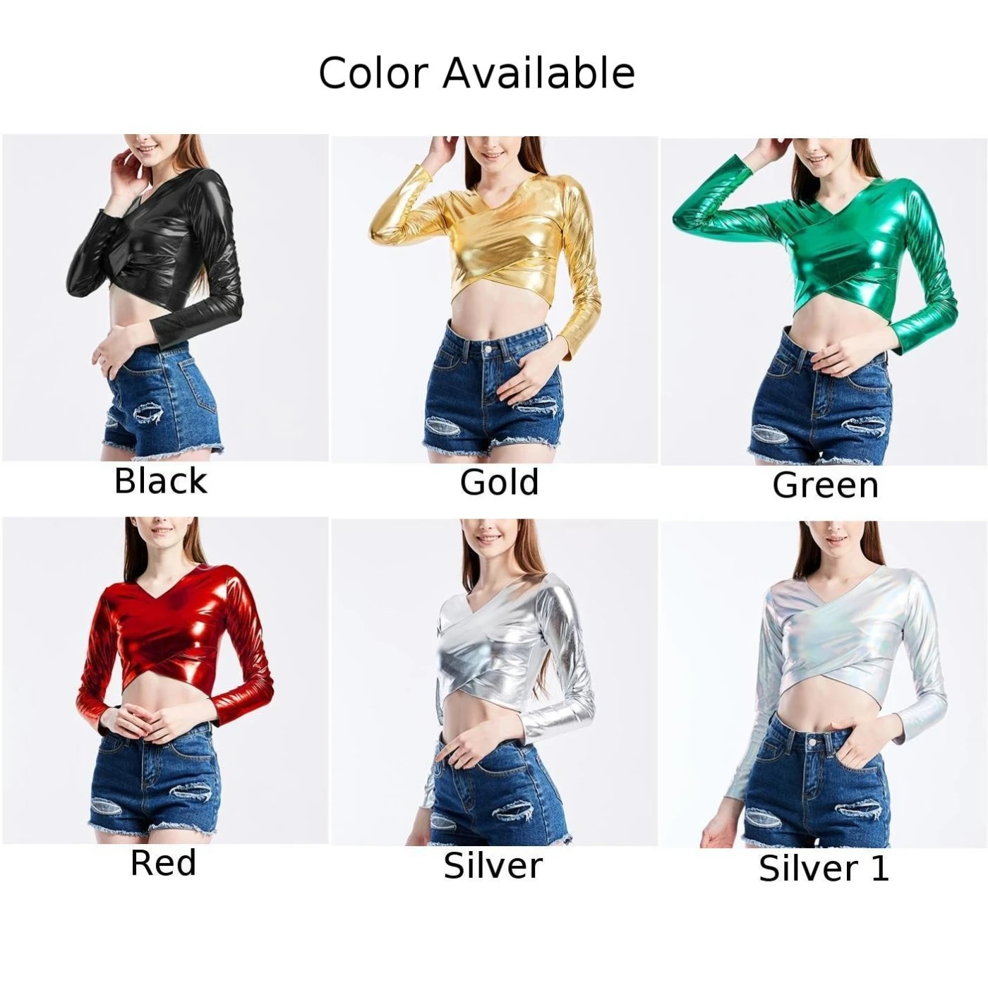 Women Faux Leather Shiny Wetlook Crop Top Long Sleeve V-neck Top Dance Clubwear