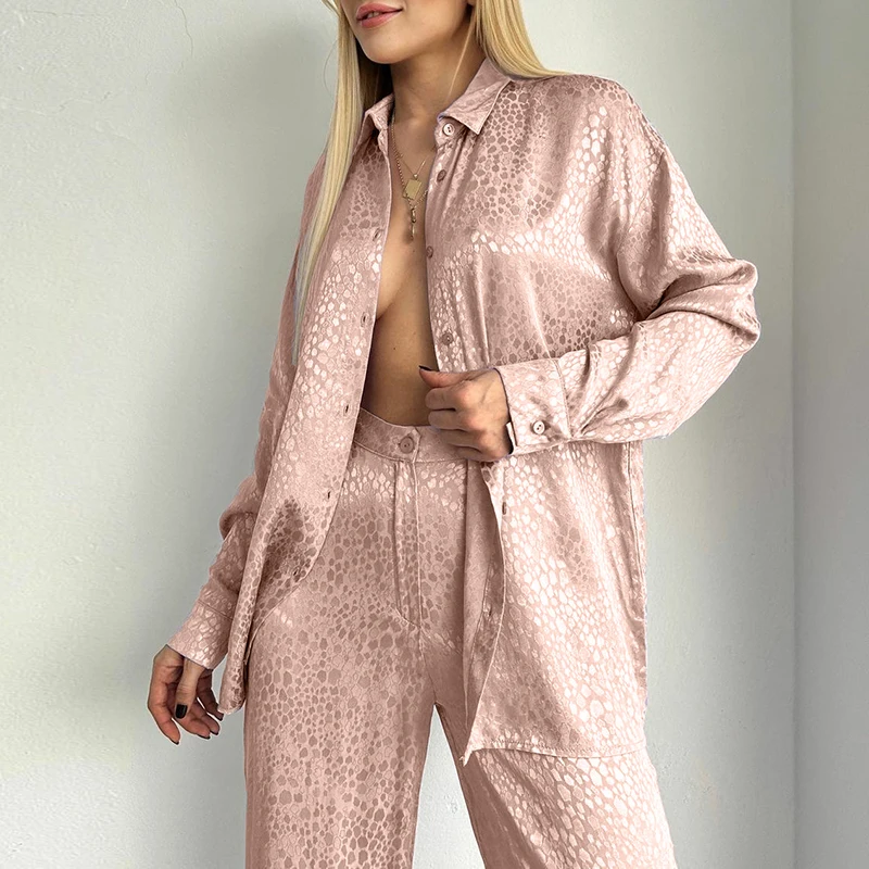 

Elegant Pattern Print Shirt 2Pc Suit Fashion Lapel Collar Button Shirts and Long Pant Set Women Casual Long Sleeve Loose Outfits
