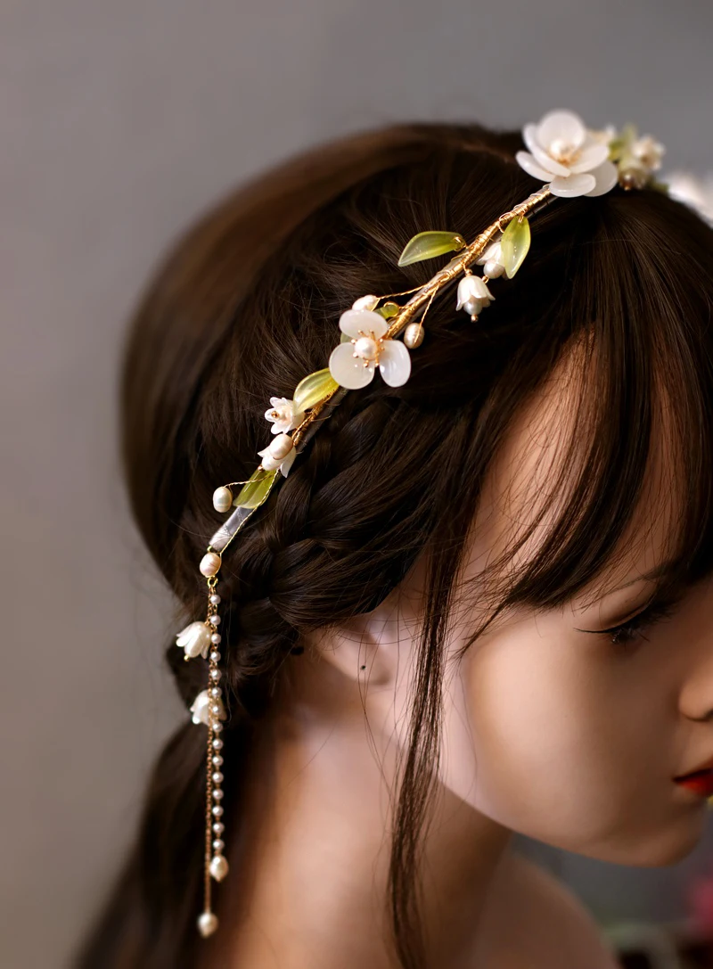 FXLRY Original Design Handmade  Natural Pearl Mori Lily Of The Orchid Tassel Headband Headband Press Hairpin Headwear Accessorie