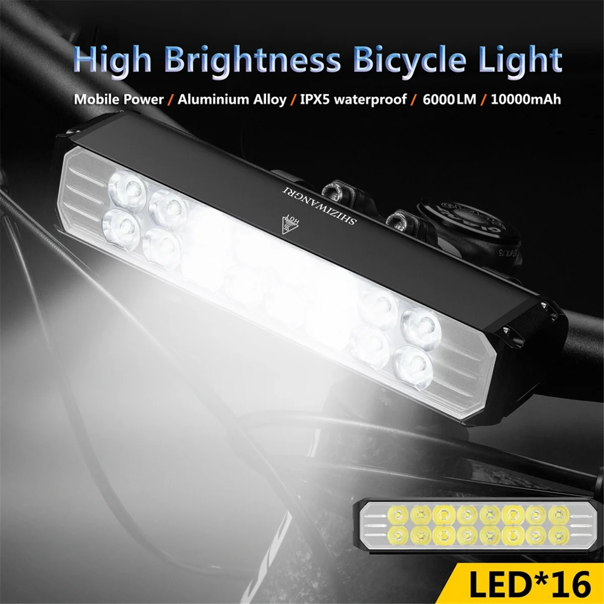 Bike Headlight Bicycle Led Light 16 LED Bicycle Front Lamp 10000Mah Front Bike Light Aluminum Headlight Bike Accessories