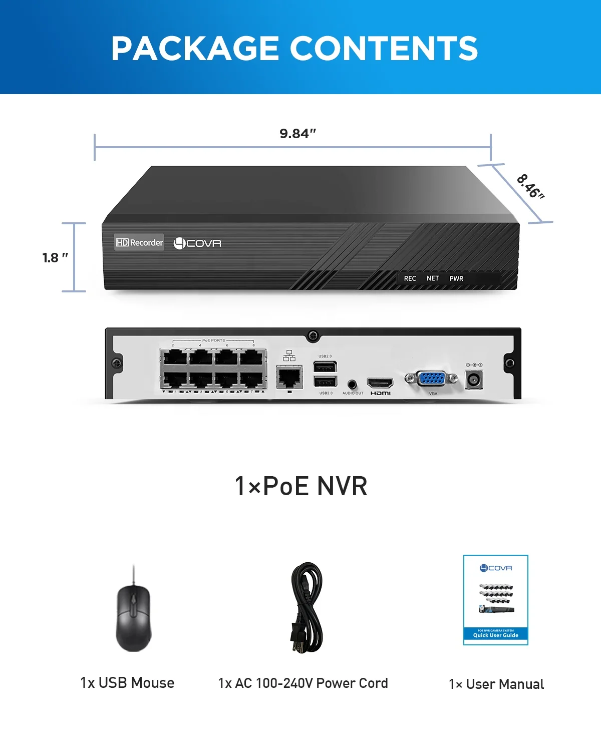 4COVR 4K 8 Channel H.265 PoE Network Video Recorder 8CH NVR 2TB HDD 4MP/5MP/6MP/8MP IP Camera Recording AI People Remote Access