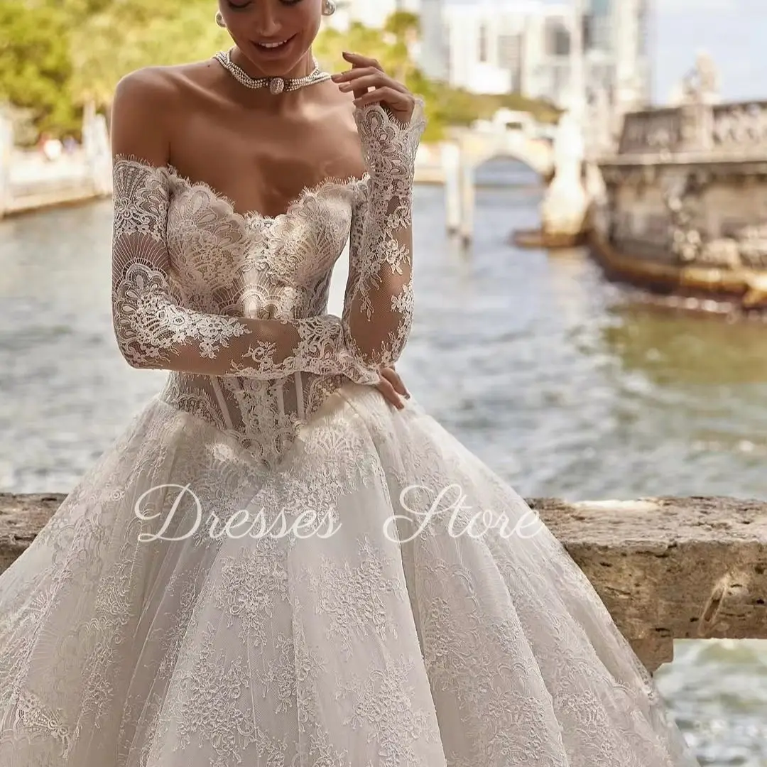 

MD New Exquisite A-line Wedding Dress Off Shoulder Applique Lace Sweep Train Bridal Gown 웨딩드레스 Customized vestidos de novia