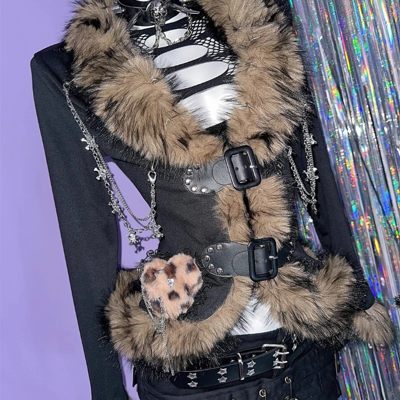 Damska kurtka w stylu gotyckim, punkowym, z imitacją futra, z serduszkiem i panterką, z łańcuszkiem, kardigan, nowy model na jesień i zimę.