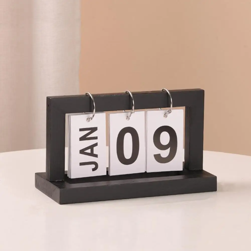 Calendar Work Station Decor Rust-resistant Wooden Perpetual Calendar Ornament Desktop Decor with Metal Iron Ring Solid for Home