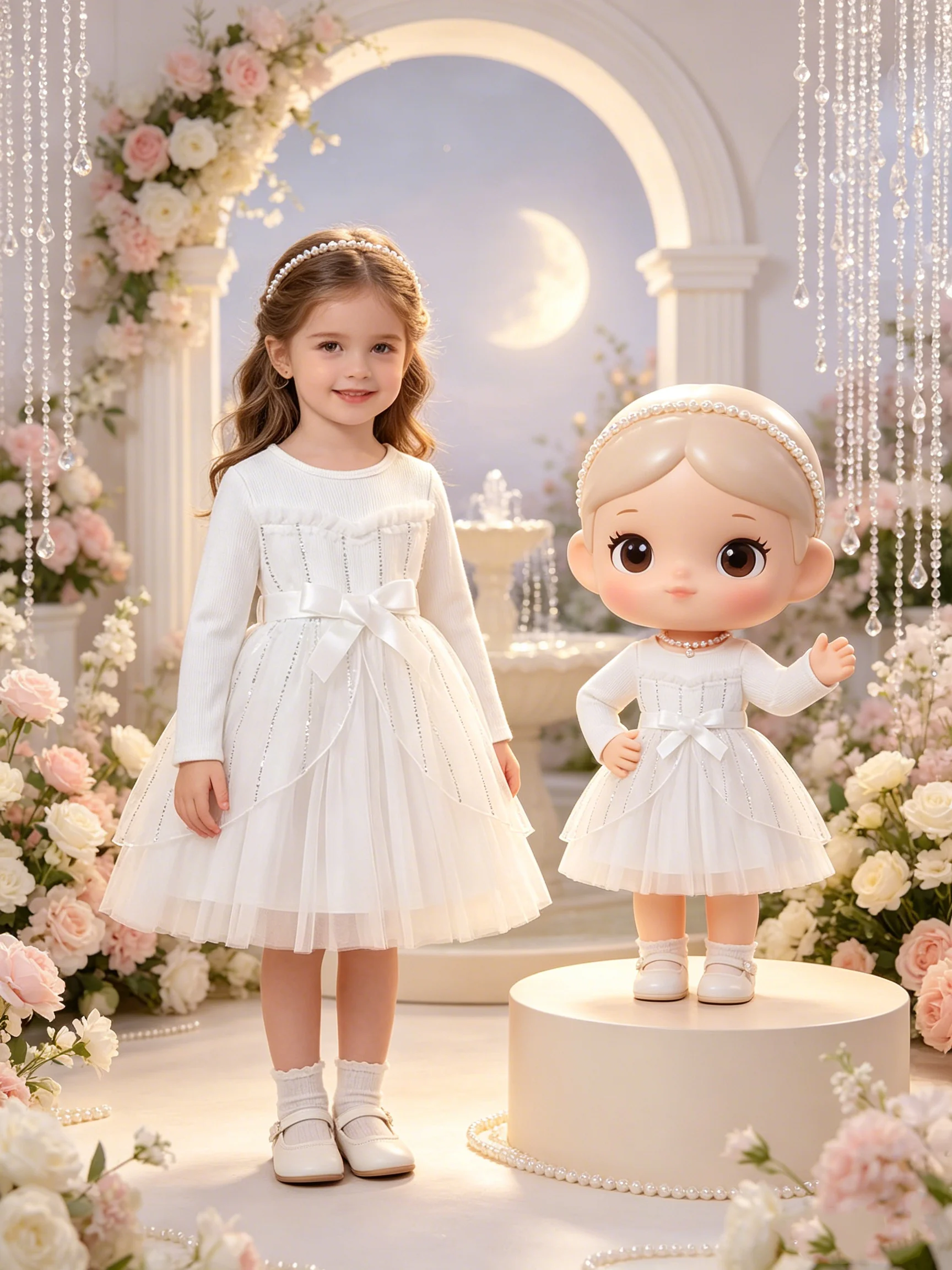 Children's round Neck Long Sleeve Dress with Waist Cinching Strap Mesh Casual Elegant Mid-Length Skirt