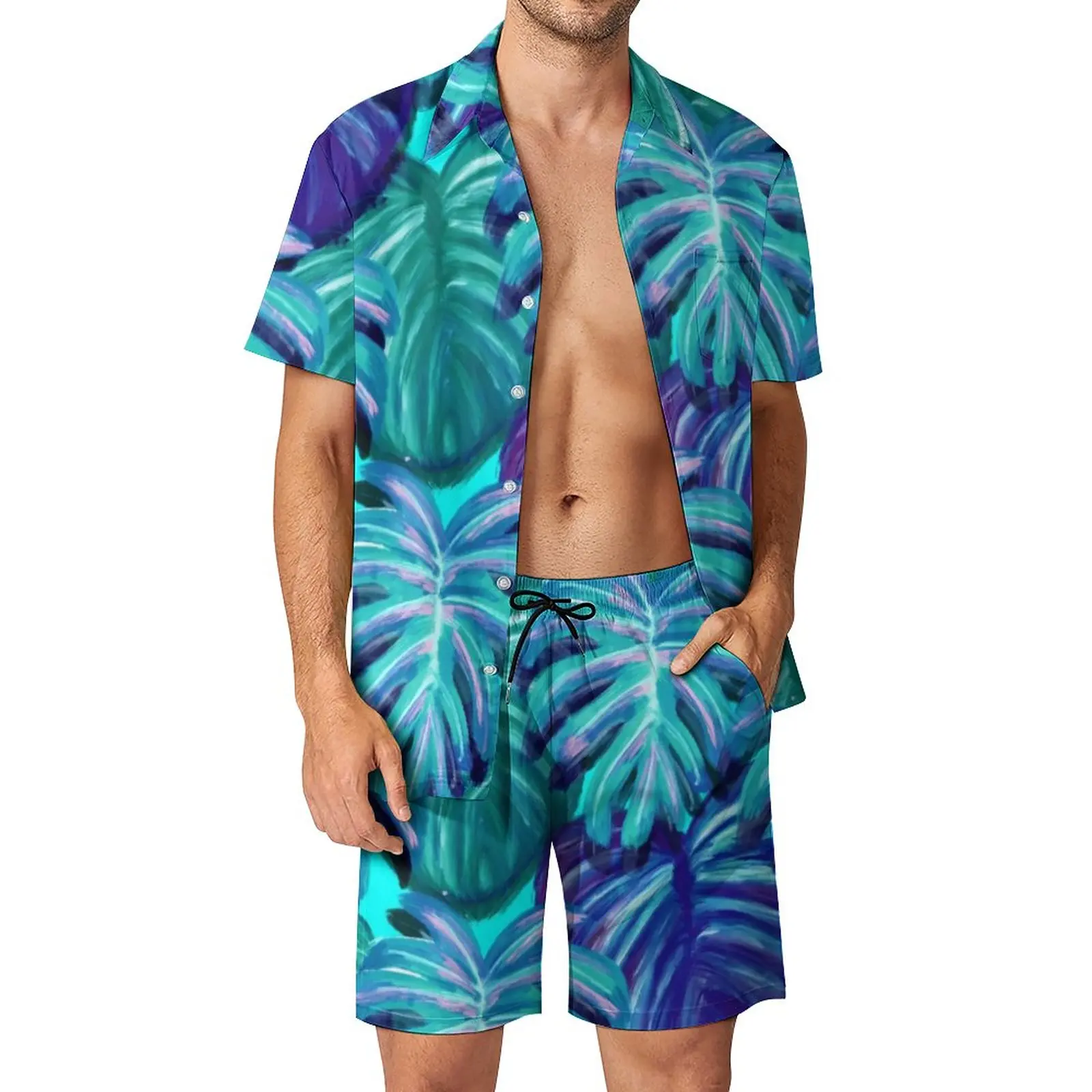 Aquarela tropical conjuntos de homens palm springs neon casual camisa conjunto estético shorts ao ar livre verão terno de duas peças mais tamanho