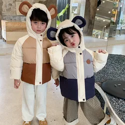 Winter Down Jackets For Boys Girls New Fashion Thick Splicing Children Outerwear Clothing Big Ear Hooded Kids Cotton-Padded Coat