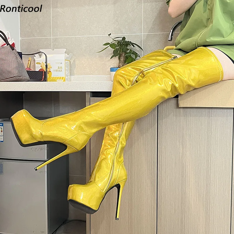 

Ronticool/женские зимние сапоги до бедра, непромокаемые ботинки на шпильке с полной боковой молнией и круглым носком, красивые золотые клубные туфли, размер США 5-20