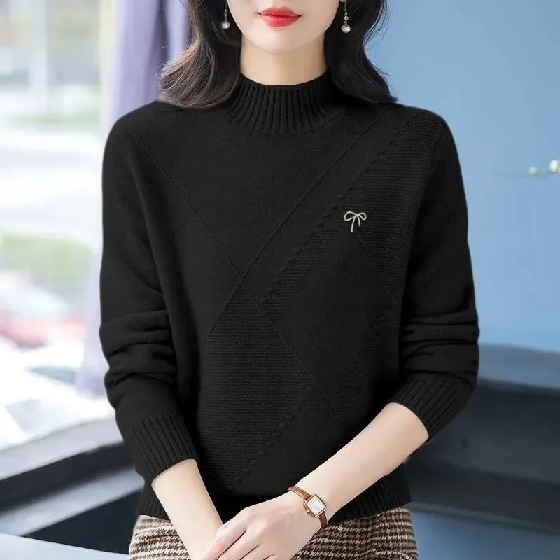 Осень-зима, новый стильный полуводолазка, женский стильный утолщенный низ, свободный теплый вязаный низ