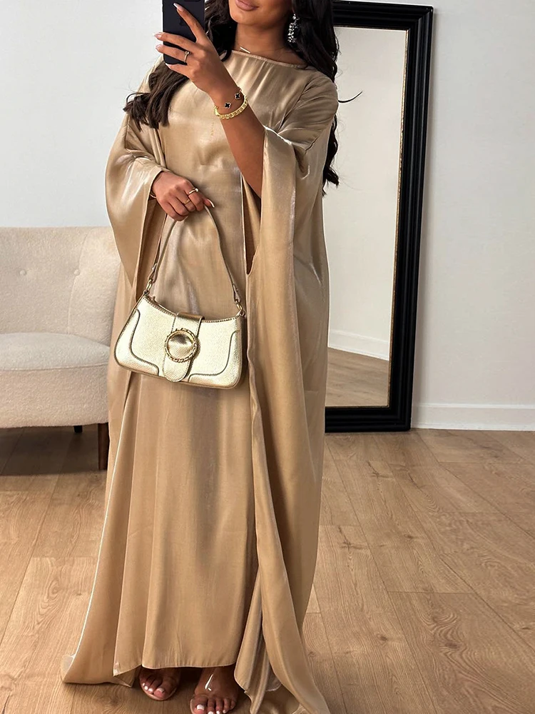 Robe Abaya en Satin Brcorporelle à Manches sulfpour Femme, Vêtement Modeste, Couleur Unie, avec Ceinture, Style Dubaï, Turc