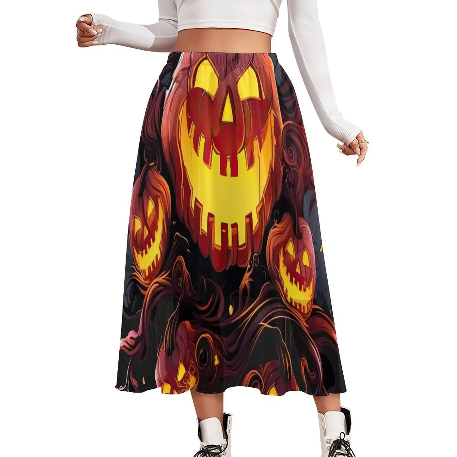 Pumpkins in Fire Skirt Funny Halloween Trendy Boho Skirts Summer Harajuku Elastic Waist Chiffon Custom Oversized A-line Skirt