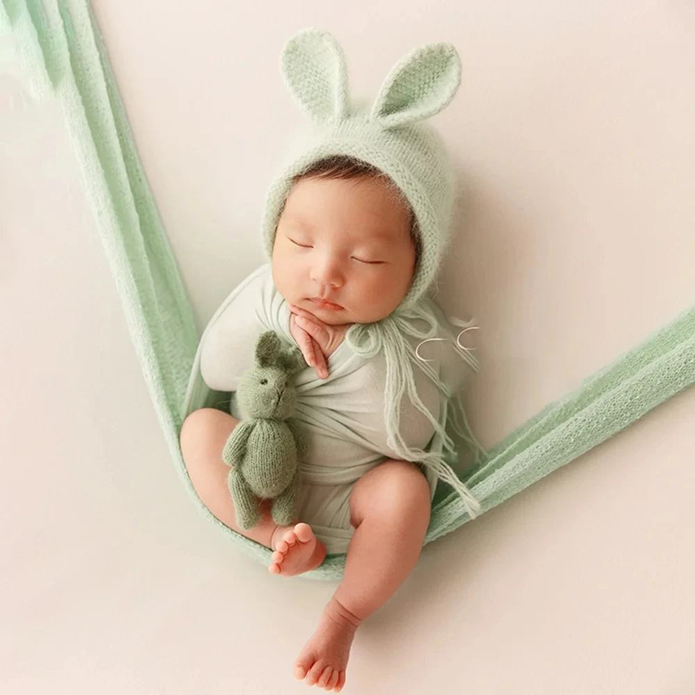 Newborn Photography Props Stretch Wrap Blanket Handmade Rabbit Hat Baby Photo Props Studio Full Moon Baby Shooting Accessories