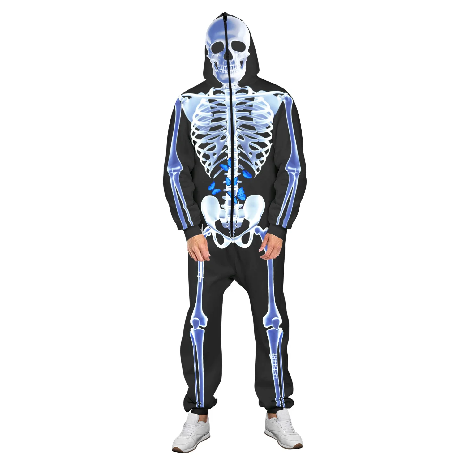 Costume d'Halloween pour Homme et Femme, Combinaison Unisexe, avec Crâne Effrayant, Modules d'Impression, Sweat à Capuche avec Fermeture Éclair