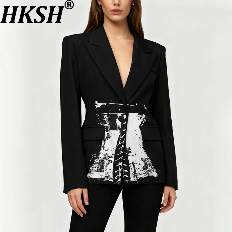 HKSH Spring Autumn New Women Blazer Notched Collar Single Button Color Block Slim Fit Elegant Fashion Office Lady Jacket HK12997