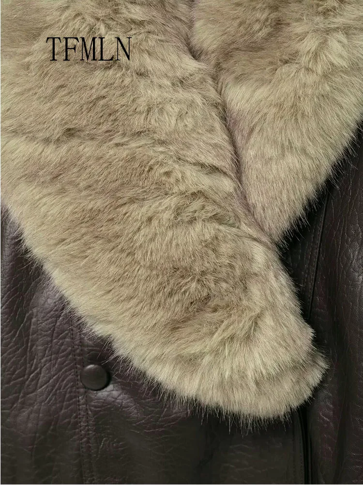 TFMLN 2023 Winter Frauen Lose Faux Leder Jacke Mode Entfernt Große Pelz Kragen Casual Mantel High Street Zweireiher Outwear