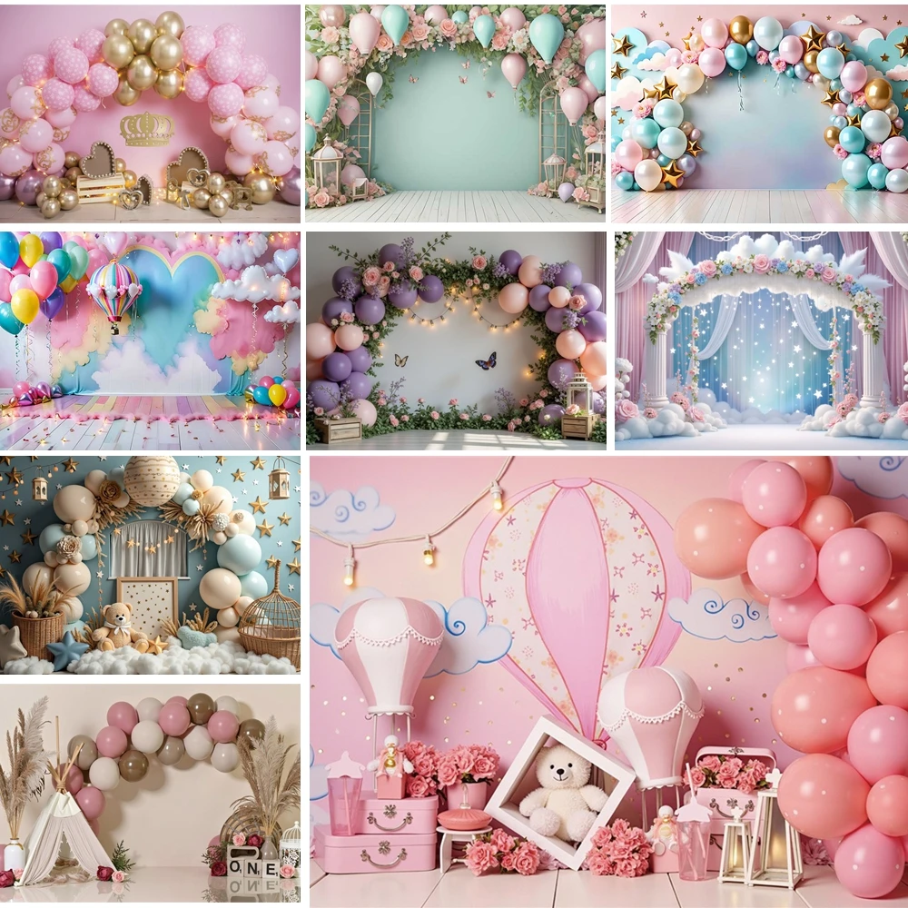 

MOON.QG Birthday Party Backdrop Teddy Bear Balloon Flower Backgrounds For Photographs Baby Photo Booth Accessories Portrait Wall
