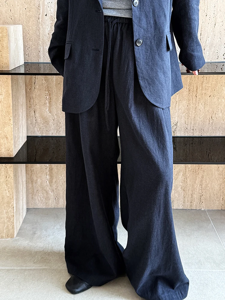 YERMORA Apricot Linen Brief Casual Blazer Lapel Long Sleeve Women Two Pieces Drawstring Wide Leg Pants Spring Summer 2025 A976