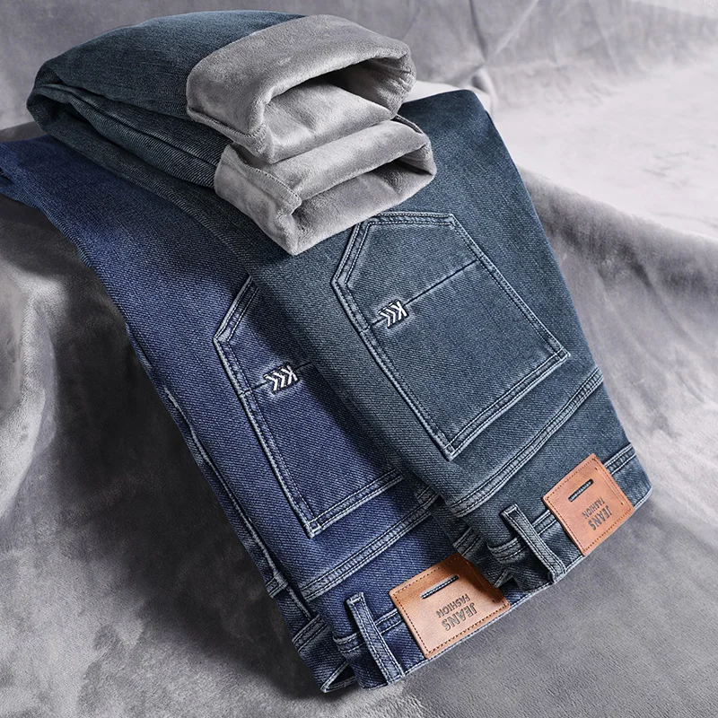 2024 Thick Warm Winter New Men Fleece Jeans Business Casual Stretch Straight Denim CowBoy Student Trousers Male Classic