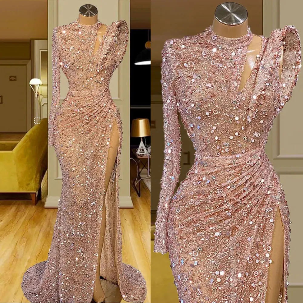 Crystals Pink Mermaid Evening Dresses Women Luxury Long Sleeved Hollowed out Prom Gowns Full Sequins Pleated Side Split Robes