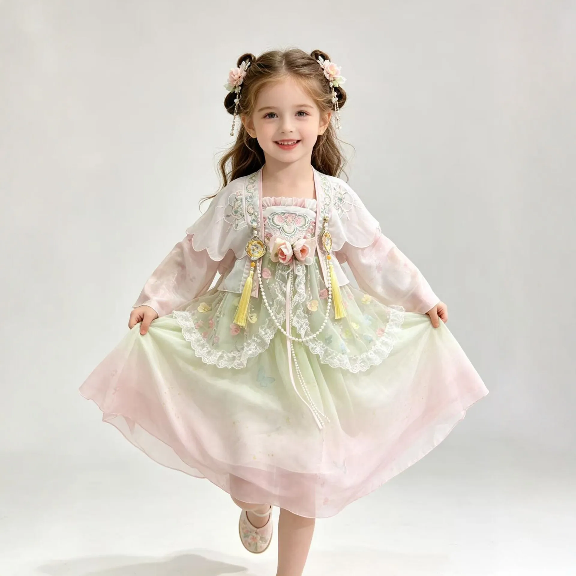 Girls Hanfu Fairy Princess Dress Summer New Children's Chinese Style Tang Clothing Flower Fringed Hair Accessories Set
