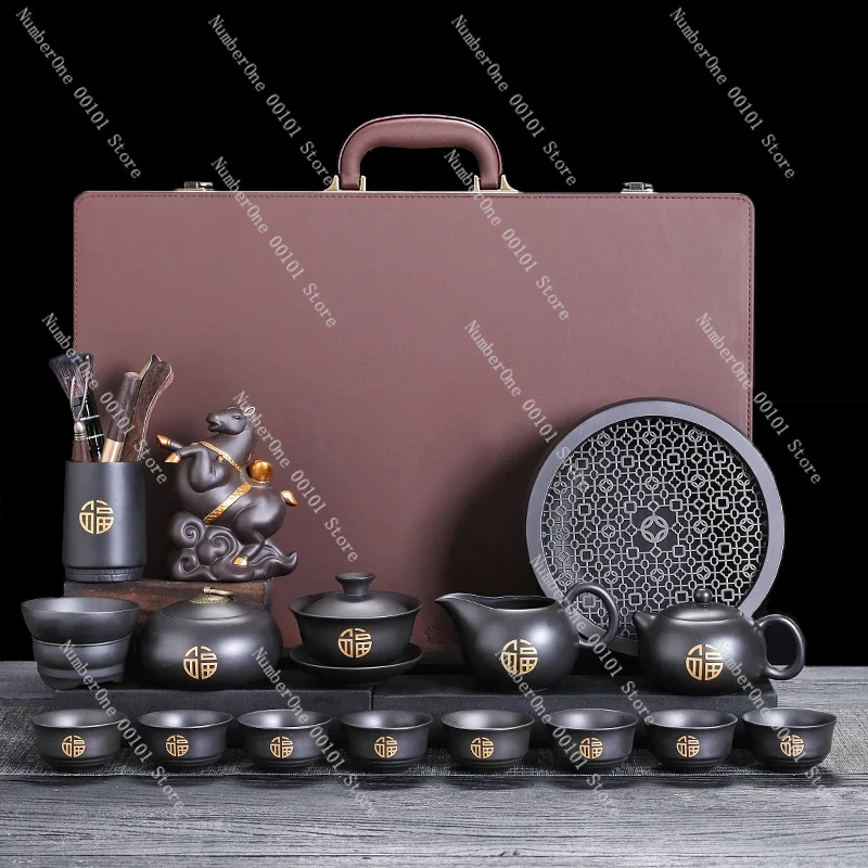 Zisha Kung Fu Tea Set Complete, High-End Light Luxury Ceramic Teapot and Teacups for Living Room and Home Use