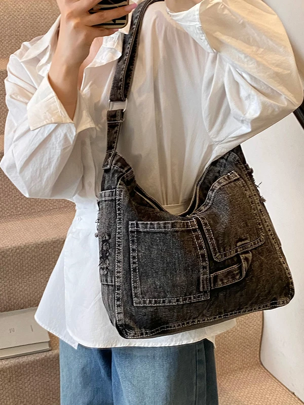 Denim Shoulder Bag Women's 2025 New Versatile College Students Class Tote Bag Forest System Large Capacity Slant Crossbody Bag