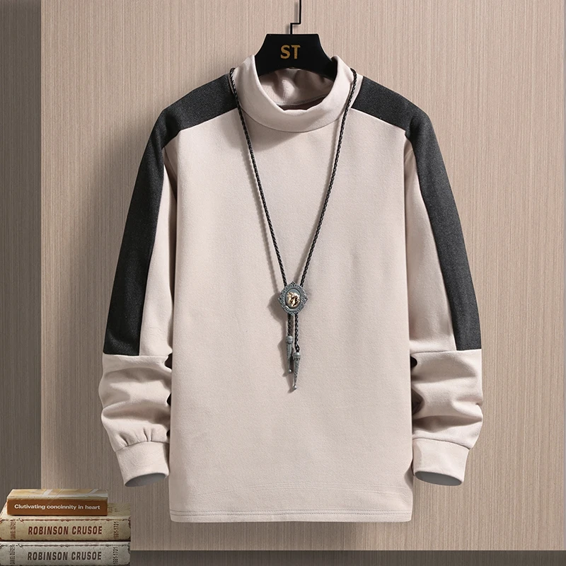 2024 New Autumn and Winter Trendy Men's Half High Neck Hoodies Spliced Color Locked Long Sleeve Pullover Thin Casual Bottom Tops