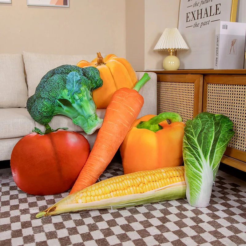 Almohada de peluche de simulación 3D para niños, cojín de tomate, zanahoria, maíz, realista, creativo, accesorios de decoración para el hogar, regalo divertido