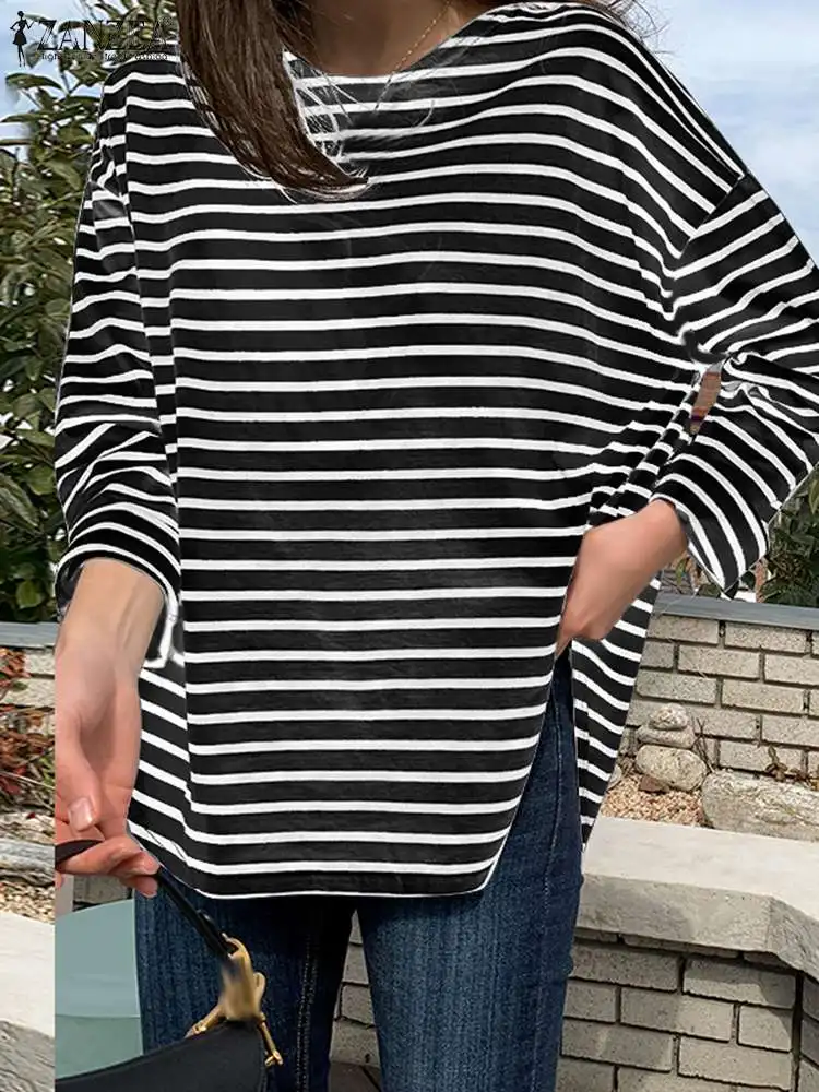 Korean Fashion Women Striped Blouse ZANZEA 2023 Autumn Long Sleeve Casual Loose Tops Female O Neck Party Blusas Work Shirt Mujer