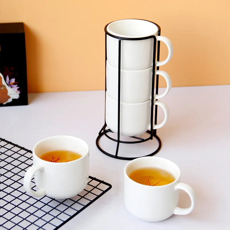 4pcs/Set 170 ML Brief Ceramic Mug Household Office Coffee Cup With Shelf Modern Tea Cups With Handle +Mug Holder 3 Sets